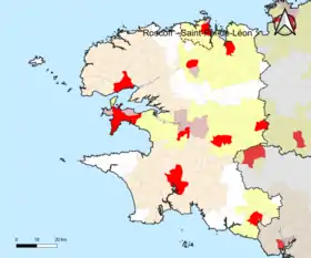 Localisation de l'aire d'attraction de Roscoff - Saint-Pol-de-Léon dans le département du Finistère.