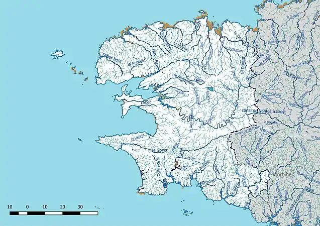 Carte de l'ensemble du réseau hydrographique du Finistère.