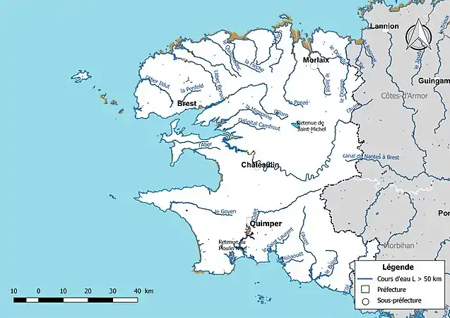 Carte des cours d'eau de longueur supérieure à 50 km du Finistère.