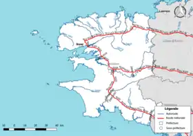 Carte du réseau routier national (autoroutes et routes nationales) dans le département du Finistère