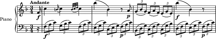 
\version "2.14.2"
\header {
  tagline = ##f
}
upper= \relative c' {
  \clef treble 
  \key f \major
  \time 3/4
   \tempo "Andante"
  \tempo 4 = 85
  \set Staff.midiInstrument = #"piano"
   \partial 16 f16 \f c'4 \grace b16( c4) \grace { b32( c d }  c4)
   bes'4( bes,) r8 a\p
   \tuplet 3/2 {g8[ (bes g)]} \tuplet 3/2 {f[ (a f)]} \tuplet 3/2 { e[ (g e)]}
   bes''4\f (bes,) r8 s8
}
lower=\relative c {
  \clef bass
  \key f \major
  \time 3/4
  \set Staff.midiInstrument = #"piano"
   \partial 16 r16
   \tuplet 3/2 {f8\f (a c)}  \tuplet 3/2 { g (bes c)} \tuplet 3/2 { f, (a c)}
   \tuplet 3/2 {e, (g c)}  \tuplet 3/2 { c, (e g)} \tuplet 3/2 { f\p (a c)}
   \tuplet 3/2 {bes, (d g)}  \tuplet 3/2 { c, (f a)} \tuplet 3/2 { c, (g' bes)}
   \tuplet 3/2 {d, (f bes)}  \tuplet 3/2 { e, (g c)} \tuplet 3/2 { f,\p (a c)}
}
\score {
       \new PianoStaff \with { instrumentName = #"Piano" }
       <<
         \new Staff = "upper" \upper
         \new Staff = "lower" \lower
       >>
\layout { }
\midi { } }
