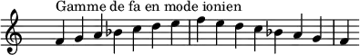 
\relative c' { 
  \clef treble \time 7/4 \hide Staff.TimeSignature f4^\markup { Gamme de fa en mode ionien } g a bes c d e f e d c bes a g f
}
