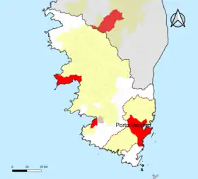Localisation de l'aire d'attraction de Porto-Vecchio dans le département de la Corse-du-Sud.