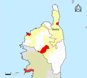Localisation de l'aire d'attraction de Bastia dans le département de la Haute-Corse.