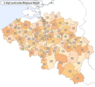 Carte de Belgique divisée en sections selon les deux premiers chiffres du code postal