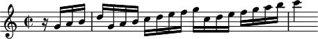 
\header {
  tagline = ##f
}
\score {
  \new Staff \with {
  }
<<
  \relative c'' {
    \key c \major
    \time 2/2
    \override TupletBracket #'bracket-visibility = ##f 
    \autoBeamOff
     %%%%%%%%%%%%%%%%%%%%%%%%%% K14
    \partial 4 r16 g16[ a b] d[ g, a b] c[ d e f] g[ c, d e] f[ g a b] c4
  }
>>
  \layout {
    \context {
      \remove "Metronome_mark_engraver"
    }
  }
  \midi {}
}
