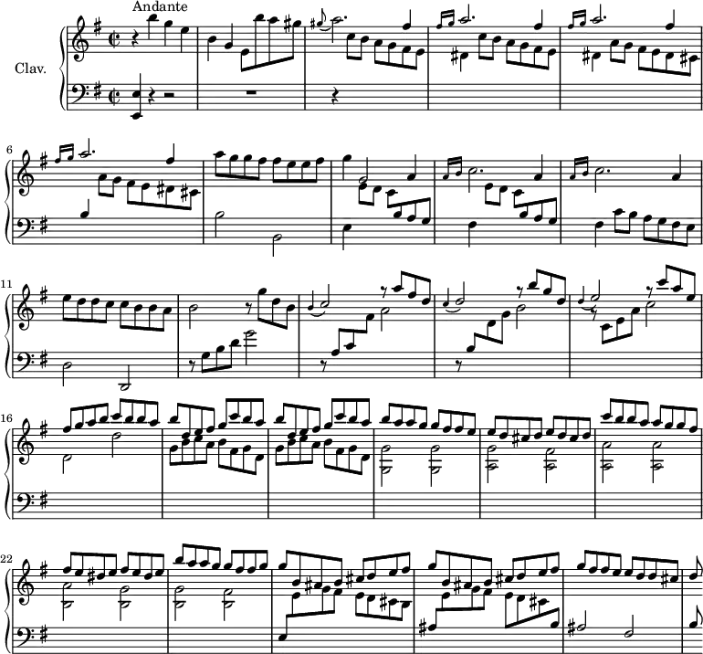 
\version "2.18.2"
\header {
  tagline = ##f
  % composer = "Domenico Scarlatti"
  % opus = "K. 232"
  % meter = "Andante"
}
%% les petites notes
%trillBesp     = { \tag #'print { bes4.\prall } \tag #'midi { c32 bes c bes~ bes4 } }
upper = \relative c'' {
  \clef treble 
  \key e \minor
  \time 2/2
  \tempo 2 = 72
  \set Staff.midiInstrument = #"harpsichord"
  \override TupletBracket.bracket-visibility = ##f
      s8*0^\markup{Andante}
      r4 b'4 g e | b g e8 b'' a gis | \appoggiatura gis8 a2. \stemUp fis4 | \repeat unfold 3 { \grace { \tempo 2 = 30 fis16 g }   \tempo 2 = 72 a2. \stemUp fis4 } \stemNeutral 
      % ms. 7
      a8 g g fis fis e e fis | g4 g,2 a4 |
      % ms. 9
      \repeat unfold 2 { \grace { \tempo 2 = 30 a16 b } \tempo 2 = 72 c2. a4 } | e'8 d d c c b b a | b2 r8 g'8 d b |
      % ms. 13
      \appoggiatura b4 \stemUp c2 g'8\rest a8 fis d | \appoggiatura c4 d2 g8\rest b8 g d | \appoggiatura d4 e2 g8\rest c8 a e | fis g a b c b b a |
      % ms. 17
      \repeat unfold 2 { b8 d, e fis g c b a } | b a a g g fis fis e | \repeat unfold 2 { e d cis d }
      % ms. 21
      c'8 b b a a g g fis| \repeat unfold 2 { fis e dis e } | b'8 a a g g fis fis g | \repeat unfold 2 { g b, ais b cis d e fis } |
      % ms. 26
      g8 fis fis e e d d cis | d
      % ms. 29
}
lower = \relative c' {
  \clef bass
  \key e \minor
  \time 2/2
  \set Staff.midiInstrument = #"harpsichord"
  \override TupletBracket.bracket-visibility = ##f
    % ************************************** \appoggiatura a16  \repeat unfold 2 {  } \times 2/3 { }   \omit TupletNumber 
      < e,, e' >4 r4 r2 | R1 | r4 \stemDown \change Staff = "upper" \repeat unfold 2 { c'''8 b a g fis e |
      % ms. 5
      dis4 } a'8 g fis e dis cis | \stemUp \change Staff = "lower" b4   \stemDown \change Staff = "upper" a'8 g fis e dis cis | \stemNeutral \change Staff = "lower" b2 b,2 | e4 \repeat unfold 2 { \stemDown \change Staff = "upper" e'8 d c \stemNeutral \change Staff = "lower" b a g |
      % ms. 9
      fis4 } c'8 b a g fis e | d2 d, | r8 g'8 b d g2 |
      % ms. 13
      r8 a,8 c \stemDown \change Staff = "upper" fis a2 | \stemUp \change Staff = "lower" r8 b,8 \stemDown \change Staff = "upper"  d g b2 | r8 c,8 e a c2 | d, d' |
      % ms. 17
      \repeat unfold 2 { g,8 b c a b fis g d } | < g, g' >2 q | < a g' > < a fis' >
      % ms. 21
      < a a' >2 q | < b a' > < b g' > | q < b fis' > | \stemUp \change Staff = "lower" e,8  \stemDown \change Staff = "upper"  e' g fis e d cis b |
      % ms. 25
      \stemUp \change Staff = "lower" ais8  \stemDown \change Staff = "upper" e' g fis e d cis \stemUp \change Staff = "lower"  b | ais2 fis | b8
      % ms. 29
}
thePianoStaff = \new PianoStaff <<
    \set PianoStaff.instrumentName = #"Clav."
    \new Staff = "upper" \upper
    \new Staff = "lower" \lower
  >>
\score {
  \keepWithTag #'print \thePianoStaff
  \layout {
      #(layout-set-staff-size 17)
    \context {
      \Score
     \override SpacingSpanner.common-shortest-duration = #(ly:make-moment 1/2)
      \remove "Metronome_mark_engraver"
    }
  }
}
\score {
  \keepWithTag #'midi \thePianoStaff
  \midi { }
}
