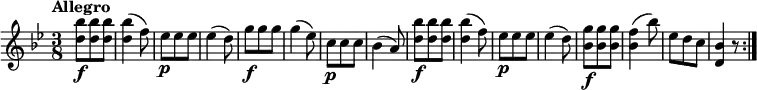 
  \relative c'' {
  \version "2.18.2"
  \key bes \major 
  \tempo "Allegro"
  \time 3/8
  \tempo 4 = 130
    <d bes'>8\f <d bes'> <d bes'>
    <d bes'>4 (f8)
    ees\p ees ees
    ees4 (d8)
    g\f g g
    g4 (ees8)
    c\p c c
    bes4 (a8)
    <d bes'>8\f <d bes'> <d bes'>
    <d bes'>4 (f8)
    ees\p ees ees
    ees4 (d8)
    <bes g'>8\f <bes g'> <bes g'>
    <bes f'>4 (bes'8)
    ees, d c 
    <d, bes'>4 r8\bar ":|."
}
