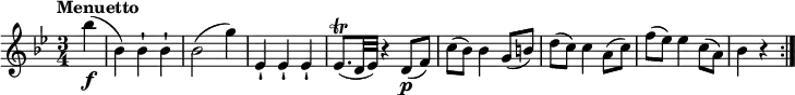 
\relative c'' {
  \version "2.18.2"
  \key bes \major
  \time 3/4
  \tempo "Menuetto"
  \tempo 4 = 140
  \partial4 bes'4\f (bes,)  bes-! bes-! bes2 (g'4)
  ees,-! ees-! ees-!
  ees8.\trill (d32 ees) r4 d8\p (f)
  c' (bes) bes4 g8 (b)
  d (c) c4 a8 (c)
  f (ees) ees4 c8 (a)
  bes4 r4 \bar ":|."
}
