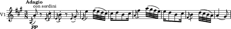 
\version "2.18.2"
 \new Staff \with { instrumentName = #"V1"}
 \relative c' {
    \key a \major 
    \tempo " Adagio"
    \time 3/8
    \tempo 4 = 50
     \grace a16 (a'8)-.  \pp  ^ \markup {con sordini}  r  \grace e16 (cis'8)-.
     \grace e,16 (b'8)-. r \grace e,16 (gis8)-.
     \grace e16 (e'4) fis32 (e d cis)
     cis16 d8 b cis16
     \grace a16 (fis'4) a32 (gis fis e)
     e16 d8 b cis16
     \grace fis,16 (b4) d32 (cis b a)
     a4 (gis8)
}
