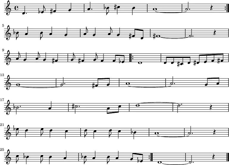 
\new Staff {
  \relative c'' {
    \key c \major
    \time 4/4
    \repeat volta 2 {
      d,4. ees8 fis4 g
      a4. bes8 cis4 bes
      a1 ~
      a2. r4
    } \break
    bes8 a4 bes8 a4 g
    a8 g4 a8 g4 fis8 d
    fis1 ~
    fis2. r4 \break
    a8 g4 a8 g4 fis
    g8 fis4 g8 fis4 fis8 ees
    \repeat volta 2 {
      d1
      d8 d cis d dis e f fis \break
      g1 ~
      g2. fis8 g
      a1 ~
      a2. g8 a \break
      bes2. a4
      cis2. a8 cis
      d1 ~
      d2. r4 \break
      ees8 d4 ees8 d4 c
      d8 c4 d8 c4 bes
      a1 ~
      a2. r4 \break
      c8 bes4 c8 bes4 a
      bes8 a4 bes8 a4 g8 ees
    }
    d1 ~
    d2. r4 \bar "|."
} }
\midi {
  \context {
    \Score
    tempoWholesPerMinute = #(ly:make-moment 220 4)
  }
}
