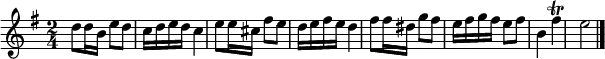 
\version "2.18.2"
\header {
  tagline = ##f
}
\score {
  \new Staff \with {
  }
<<
  \relative c'' {
    \key g \major
    \time 2/4
    \override TupletBracket #'bracket-visibility = ##f 
     %%%%
     d8 d16 b e8 d c16 d e d c4 e8 e16 cis fis8 e d16 e fis e d4 fis8 fis16 dis g8 fis e16 fis g fis e8 fis b,4 fis'\trill e2 \bar "|."
  }
>>
  \layout {
    indent = #0
    %#(layout-set-staff-size 17)
     \context { \Score \remove "Metronome_mark_engraver" 
     \override SpacingSpanner.common-shortest-duration = #(ly:make-moment 1/2)
     }
  }
  \midi {}
}
