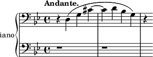 
\new PianoStaff \with {
  instrumentName = "Piano"
} <<
  \new Staff = "right" \with {
    midiInstrument = "acoustic grand"
  }  {
    \clef bass \relative c' {
      \key bes \major
      \time 4/4
      \tempo "Andante."
      r4 d,( g cis ~ cis d bes g) r
    }
  }
  \new Staff = "left" \with {
    midiInstrument = "acoustic grand"
  } {
    \clef bass \relative c' {
      \key bes \major
      \time 4/4
      \tempo "Andante."
      r1 r1 s4
    }
  }
>>
