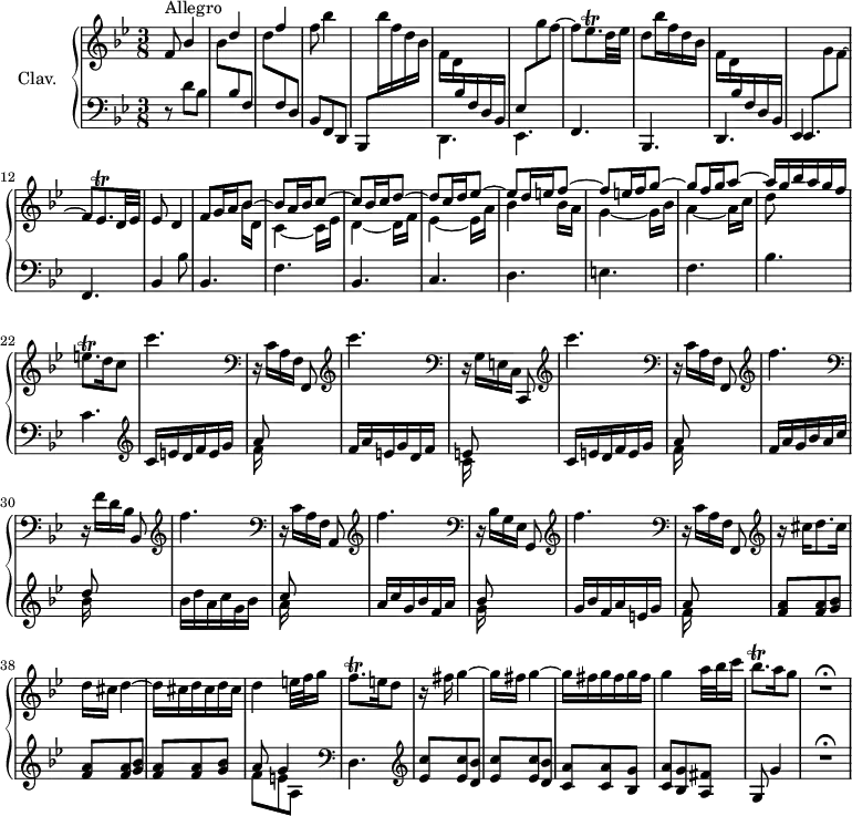 
\version "2.18.2"
\header {
  tagline = ##f
  % composer = "Domenico Scarlatti"
  % opus = "K. 57"
  % meter = "Allegro"
}
%% les petites notes
trillEesp     = { \tag #'print { ees8.\trill } \tag #'midi { f32 ees f ees~ ees16 } }
trillEqp      = { \tag #'print { e8.\trill } \tag #'midi { f32 e f e~ e16 } }
trillFqp      = { \tag #'print { f8.\trill } \tag #'midi { g32 f g f~ f16 } }
trillBesqp    = { \tag #'print { bes8.\trill } \tag #'midi { c32 bes c bes~ bes16 } }
upper = \relative c'' {
  \clef treble 
  \key bes \major
  \time 3/8
  \tempo 4. = 78
  \set Staff.midiInstrument = #"harpsichord"
  \override TupletBracket.bracket-visibility = ##f
      s8*0^\markup{Allegro}
      \stemUp f,8 bes4 | s8 d4 | s8 f4 | \stemDown f8 bes4 | \stemUp \change Staff = "lower" bes,,,,8  \stemDown  \change Staff = "upper" bes''''16 f d bes | f16 d \stemUp \change Staff = "lower"  bes f d bes | ees8  \stemDown  \change Staff = "upper" g''8 f~ |
      % ms. 8
      f8 \trillEesp d32 ees | d8 bes'16 f d bes f d  \stemUp \change Staff = "lower" bes f d bes | ees,8 \stemDown  \change Staff = "upper"  g'' f~ |  \stemNeutral  f \trillEesp d32 ees | ees8 d4 |
      % ms. 14
      << { f8 g16 a bes8~ | bes a16 bes c8~ | c bes16 c d8~ | d c16 d ees8~ | ees d16 e f8~ | f e16 f g8~ | g f16 g a8~ | a16 g bes a g f } \\ { s4 bes,16 d, | c4~ c16 ees | d4~ d16 f | ees4~ ees16 a | bes4 bes16 a | g4~ g16 bes | a4~ a16 c d8 } >> 
      % ms. 22
      \trillEqp d16 c8 | c'4. |  \clef bass 
      % ms. 24
      r16 c,,16[ a f] f,8 | \clef treble  c''''4. | \clef bass r16 g,,16[ e c] c,8 | \clef treble  c''''4. | \clef bass r16 c,,16[ a f] f,8 | \clef treble  f'''4. | \clef bass r16 f,16[ d bes] bes,8 | \clef treble  f'''4. |
      % ms. 32
      \clef bass r16 c,16[ a f] a,8 | \clef treble  f'''4. | \clef bass r16 bes,,16[ g ees] g,8 | \clef treble  f'''4. | \clef bass r16 c,16[ a f] f,8 | \clef treble r16 cis'''16 d8. cis16 | d cis d4~ | \repeat unfold 3 { d16 cis }
      % ms. 40
      d4 e32 f g16 | \trillFqp e16 d8 | r16 fis16 g4~ | g16 fis g4~ | \repeat unfold 3 { g16 fis } | g4 a32 bes c16 | \trillBesqp a16 g8 | R4.\fermata
}
lower = \relative c' {
  \clef bass
  \key bes \major
  \time 3/8
  \set Staff.midiInstrument = #"harpsichord"
  \override TupletBracket.bracket-visibility = ##f
    % ************************************** \appoggiatura a16  \repeat unfold 2 {  } \times 2/3 { }   \omit TupletNumber 
      r8 d8 bes | \stemDown \change Staff = "upper" bes' \stemUp \change Staff = "lower"  bes, f | \stemDown \change Staff = "upper" d''  \stemUp \change Staff = "lower"  f,, d | bes f d | s4. | \stemDown \mergeDifferentlyDottedOn d4. ees4. |  \stemNeutral
      % ms. 8
      f4. bes, d ees f | bes4 bes'8 | bes,4. f' |
      % ms. 16
      bes,4. c d e f bes c |   \clef treble  c16 e d f e g |
      % ms. 24
      << { a8 } \\ { f16 } >> s4 |  f16 a e g d f | << { e8 } \\ { c16 } >> s4 | c16 e d f e g | << { a8 } \\ { f16 } >> s4 | f16 a g bes a c | << { d8 } \\ { bes16 } >> s4 | bes16 d a c g bes |
      % ms. 32
      << { c8 } \\ { a16 } >> s4 | a16 c g bes f a | << { bes8 } \\ { g16 } >> s4 | g16 bes f a e g | << { a8 } \\ { f16 } >> s4 | \repeat unfold 3 { < f a >8 q < g bes > } |
      % ms. 40
      << { a8 g4 } \\ { f8 e a, } >>   \clef bass d,4.  |  \clef treble \repeat unfold 2 { < ees' c' >8 q < d bes' > } | < c a' > q < bes g' > | < c a' > < bes g' > < a fis' > | g8 g'4 | R4.\fermata
}
thePianoStaff = \new PianoStaff <<
    \set PianoStaff.instrumentName = #"Clav."
    \new Staff = "upper" \upper
    \new Staff = "lower" \lower
  >>
\score {
  \keepWithTag #'print \thePianoStaff
  \layout {
      #(layout-set-staff-size 17)
    \context {
      \Score
     \override SpacingSpanner.common-shortest-duration = #(ly:make-moment 1/2)
      \remove "Metronome_mark_engraver"
    }
  }
}
\score {
  \keepWithTag #'midi \thePianoStaff
  \midi { }
}
