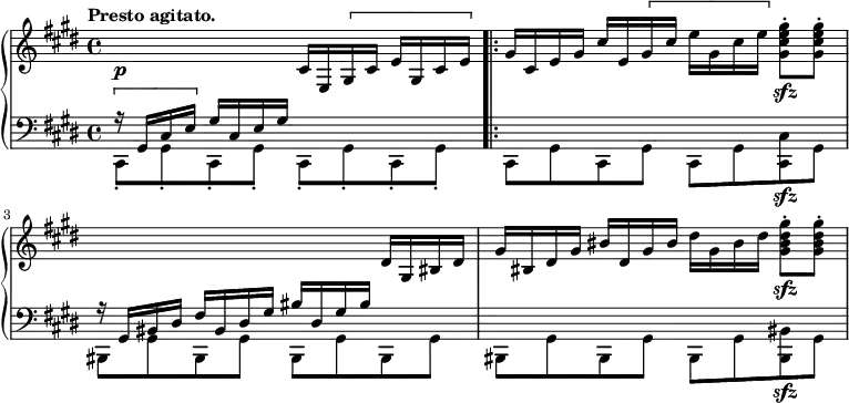 
\new PianoStaff <<
  \new Staff = "right" \with {
    midiInstrument = "acoustic grand"
  } \relative c'' {
    \key cis \minor
    \time 4/4
    \tempo "Presto agitato."
    %1
      s2\p cis,16 e, \[ gis cis e gis, cis e \] \bar ".|:"
      gis cis, e gis cis e, \[ gis cis e gis, cis e \] <gis, cis e gis>8\sfz-. <gis cis e gis>-.
    %2
      s2. dis16 gis, bis dis
    %3    
      gis bis, dis gis bis dis, gis bis dis gis, bis dis <gis, bis dis gis>8-.\sfz <gis bis dis gis>-.
  }
  \new Staff = "left" \with {
    midiInstrument = "acoustic grand"
  } {
    \clef bass \relative c' {
      \key cis \minor
      \time 4/4
      \tempo "Presto agitato." 
      % impossible d'afficher le premier ! 
      %1
        << { \[ r16 gis,16 cis e \] gis16 cis, e gis s2 } \\ { cis,,8-. gis'-.  cis,-. gis'-. cis,-. gis'-. cis,-. gis'-.}>> \stemDown \bar ".|:"
      %2
        cis, gis' cis, gis' cis, gis' <cis, cis'>\sfz gis'
      %3
        <<{r16 gis bis dis fis bis, dis gis bis dis, gis bis s4}\\{bis,,8 gis' bis, gis' bis, gis' bis, gis'}>>
        bis, gis' bis, gis' bis, gis' <bis, bis'>\sfz gis'
    }
  }
>>
\midi {
  \context {
    \Score
    tempoWholesPerMinute = #(ly:make-moment 160 4)
  }
}
