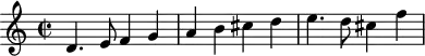 
\header {
  tagline = ##f
}
\score {
  \new Staff \with {
  }
<<
  \relative c' {
    \key c \major
    \time 2/2
    \override TupletBracket #'bracket-visibility = ##f 
     %%% f° 75v-76v
     d4. e8 f4 g a b cis d e4. d8 cis4 f
  }
>>
  \layout {
     \context { \Score \remove "Metronome_mark_engraver" }
  }
  \midi {}
}
