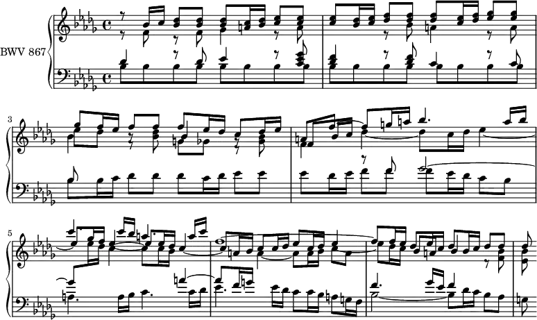 
\version "2.18.2"
\header {
  tagline = ##f
}
upper = \relative c'' {
    \clef treble 
    \key bes \minor
    \time 4/4
    \tempo 4 = 44
    \set Staff.midiInstrument = #"harpsichord" 
   %% PRÉLUDE CBT I-17, BWV 858, la bémol majeur
   << { r8 bes16 c < des bes >8 q q < c a >16 < des bes > < ees c >8 < ees c > < ees c > < des bes >16 < ees c > < f des >8 < f des > q < ees c >16 < f des > < ges ees >8 q } \\ { r8 f,8 r8 f ges4 r8 a8 s4 r8 bes8 a4 r8 a8 } >>
   % ms. 3
   << { ges'8 f16 ees f8 f f ees16 des c8 des16 ees } 
   \\ { \shiftOnnn bes4 f8\rest s8 g8 ges d8\rest } 
   \\ { \stemDown ees'8 des bes8\rest < bes des >8 \shiftOnnn \stemUp bes4 g8\rest \stemDown < ges bes >8 } >> 
   % ms. 4
   << {  a8 f'~ f g16 a bes4. a16 bes | c4. c16 bes a4. a16 c | f,1~ | f8 f16 ees des8 ees16 c des8 bes16 c des8 des des } 
   \\ { \shiftOnnn \stemUp f,8 bes16 c s4*8 c8 c16 des ees8 c16 des ees4_~ | \stemDown ees8 des16 c \stemUp \shiftOnnn bes8 a \shiftOnnn bes4 } 
   \\ { \mergeDifferentlyHeadedOn \stemDown f4  des'4_~ des8 c16 des ees4_~ \shiftOnnn \stemUp ees8 ges16 f ees4_~ \shiftOnnn ees8 ees16 des c4_~ | c8 a16 bes \stemDown  a4_~ a8 a16 bes c8 a s4*3 d,8\rest < f bes >8 < ees bes' >  } >>
}
lower = \relative c' {
    \clef bass 
    \key bes \minor
    \time 4/4
    \set Staff.midiInstrument = #"harpsichord" 
   << { des4 r8 des8 ees4 r8 < ges ees c >8 < f des >4 r8 q c4 r8 c8 } \\ { \repeat unfold 16 { bes8 } } >> |
   << { bes8 } \\ { bes8 bes16 c } >> des8 des des c16 des ees8 ees | ees des16 ees 
   << { r8 f8 ges2~ | ges8 \stemDown \change Staff = "upper" ees'16 des c4~ c8 c16 bes \stemUp  \change Staff = "lower" a4~ | a8 f16 g s4*3 | f4. ges16 ees f4 } 
   \\ { f8 f f ees16 des c8 bes | a4. a16 bes c4. c16 des| ees4. ees16 des c8 c16 bes a8 g16 f | bes2~ bes8 des16 c bes8 aes g } >>
} 
\score {
  \new PianoStaff <<
    \set PianoStaff.instrumentName = #"BWV 867"
    \new Staff = "upper" \upper
    \new Staff = "lower" \lower
  >>
  \layout {
    \context {
      \Score
      \remove "Metronome_mark_engraver"
    }
  }
  \midi { }
}
