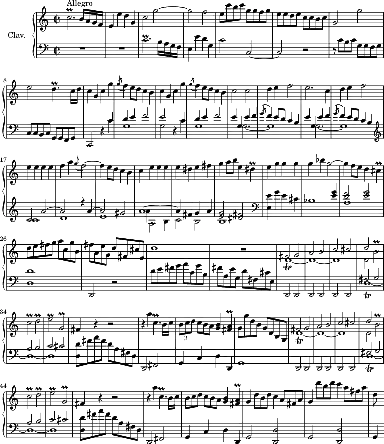 
\version "2.18.2"
\header {
  tagline = ##f
  % composer = "Domenico Scarlatti"
  % opus = "K. 549"
  % meter = "Allegro"
}
%% les petites notes
trillCbp      = { \tag #'print { c2.\prall } \tag #'midi { c8 \times 2/3 { d16 c d c d c~ } c8~ c4 } }
trillDp       = { \tag #'print { d4.\prall } \tag #'midi { \times 2/3 { e16 d e } d8~ d8 } }
trillDis      = { \tag #'print { dis4\prall } \tag #'midi { \times 2/3 { e16 dis e } dis8 } }
trillCis      = { \tag #'print { cis4\prall } \tag #'midi { \times 2/3 { d16 cis d } cis8 } }
trillDr       = { \tag #'print { d,1\trill~ d~ d } \tag #'midi { c8 \repeat unfold 11 { \times 2/3 { d16 c d c d c~ } } c8 } }
trillBbUp     = { \tag #'print { b'2\prall } \tag #'midi { b8 \times 2/3 { c16 b c b c b~ } b8 } }
trillCb       = { \tag #'print { c2\prall } \tag #'midi { c8 \times 2/3 { d16 c d c d c~ } c8 } }
trillCpDown   = { \tag #'print { c,4.\prall } \tag #'midi { \times 2/3 { d16 c d c d c~ } c8 } }
trillDb       = { \tag #'print { d2\prall } \tag #'midi { d8 \times 2/3 { e16 d e d e d~ } d8 } }
trillEb       = { \tag #'print { e2\prall } \tag #'midi { e8 \times 2/3 { f16 e f e f e~ } e8 } }
trillGbDown   = { \tag #'print { g,2\prall } \tag #'midi { g8 \times 2/3 { a16 g a g a g~ } g8 } }
trillFisA     = { \tag #'print { < fis a >4\prall } \tag #'midi { << { \times 2/3 { b16 a b } a8 } \\ { fis4 } >> } }
upper = \relative c'' {
  \clef treble 
  \key c \major
  \time 2/2
  \tempo 2 = 76
  \set Staff.midiInstrument = #"harpsichord"
  \override TupletBracket.bracket-visibility = ##f
      s8*0^\markup{Allegro}
      \trillCbp b16 a g f | e4 e' d g, | c2 g'2~ | g f |
      % ms. 5
      e8 c' b c g g f g | e e d e c c b c | g2 g' | e \trillDp c16 d |
      % ms. 9
      \repeat unfold 2 { c4 g c g' | \acciaccatura g8 f4 e8 d c4 b } | c2 c |
      % ms. 14
      d4 e f2 | e2. c4 | d e f2 | e4 e e e | f a \appoggiatura g8 f2~ |
      % ms. 19
      f4 e8 d c4 b | c e e e | e dis e fis | g a8 b e,4 \trillDis | e4 g g g |
      % ms. 24
      g4 bes g2~ | g4 f8 e d4 \trillCis | d8 e fis g a c, g' b, | fis' a, e' g, d' fis, cis' e, | d'1 |
      % ms. 29
      R1 | << { fis,2 g | a b | c cis | d } \\ { \trillDr | d2 } >> \trillBbUp | \trillCb \trillDb 
      % ms. 35
      \trillEb \trillGbDown | fis4 r4 r2| r4 a'4 \trillCpDown b16 c | \times 2/3 { b8[ c d] } \omit TupletNumber \times 2/3 { c b a } < g b >4 \trillFisA | g8 g' d b g d b g |
      % ms. 40 
      << { fis'2 g | a b | c cis | d } \\ { \trillDr | d2 } >> \trillBbUp | \trillCb \trillDb 
      % ms. 35
      \trillEb \trillGbDown | fis4 r4 r2| r4 a'4 \trillCpDown b16 c | \times 2/3 { b8[ c d] } \times 2/3 { c b a } < g b >4 \trillFisA | g4 \times 2/3 { d'8[ b d] } c4 \times 2/3 { a8[ fis a] } | g4  \times 2/3 { d''8[ b d] } c4 \times 2/3 { a8[ fis a] } 
      % ms. 51
      d,8
}
lower = \relative c' {
  \clef bass
  \key c \major
  \time 2/2
  \set Staff.midiInstrument = #"harpsichord"
  \override TupletBracket.bracket-visibility = ##f
    % ************************************** \appoggiatura a16  \repeat unfold 2 {  } \times 2/3 { }   \omit TupletNumber 
      R1*2 | \trillCbp b16 a g f | e4 e' d g, |
      % ms. 5
      c2 c,~ | c r2 | r8 c'8 b c g g f g | c, c b c g g f g |
      % ms. 9
      c,2 r4 << { c''4 | d e f2 | e2 } \\ { c4 | g1 | g2 } >> r4 << { c4 | d e f2 } \\ { c4 | g1 } >>
      % ms. 13
      \repeat unfold 2 { << { e'4 g, e' f | \acciaccatura g8 f4 e8 d c4 b } \\ { s4 g2.~ | g1 } >> }   \clef treble |
      << { c2 a'~ | a r4 a4~ | a2 gis | a1~ | a4 fis g a | < e g >2 < dis fis > } \\ { c1 | d | e | a4 a,2 b4 | c2 b | b1 } >>   \clef bass |
      < e, e' >4 g' e cis |
      % ms. 19
      << { s2. < e g >4 | < d f >2 < e g > } \\ { bes1 | a } >> | < d, d' >1 | d,2 r2 |
      % ms. 24
      d''8 e fis g a c, g' b, |
      % ms. 29
      fis' a, e' g, d' fis, cis' e, | \repeat unfold 6 { d,2 } | << { fis'2 g | a b | c cis } \\ { \trillDr } >>
      % ms. 36
      < d d' >8 fis' a fis d a fis d | d,2 fis | g4 c d d, | g1 |
      % ms. 40
      \repeat unfold 6 { d2 } | << { fis'2 g | a b | c cis } \\ { \trillDr } >>
      % ms. 47
      < d d' >8 fis' a fis d a fis d | d,2 fis | g4 c d d, | \repeat unfold 2 { g2 < d d' > } |
      % ms. 51
      g4
}
thePianoStaff = \new PianoStaff <<
    \set PianoStaff.instrumentName = #"Clav."
    \new Staff = "upper" \upper
    \new Staff = "lower" \lower
  >>
\score {
  \keepWithTag #'print \thePianoStaff
  \layout {
      #(layout-set-staff-size 17)
    \context {
      \Score
     \override SpacingSpanner.common-shortest-duration = #(ly:make-moment 1/2)
      \remove "Metronome_mark_engraver"
    }
  }
}
\score {
  \keepWithTag #'midi \thePianoStaff
  \midi { }
}
