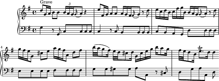 
\version "2.18.2"
\header {
  tagline = ##f
  % composer = "Domenico Scarlatti"
  % opus = "K. 91"
  % meter = "Grave – Allegro"
}
%% les petites notes
trillEqp     = { \tag #'print { e8.\trill } \tag #'midi { \times 2/3 { fis32 e fis } e8 } }
upper = \relative c'' {
  \clef treble 
  \key g \major
  \time 4/4
  \tempo 4 = 52
  \set Staff.midiInstrument = #"oboe"
      s8*0^\markup{Grave}
      d8-\tweak stencil ##f \f g,16 a b8 b \times 2/3 { b16 a g } \appoggiatura g16 a8 r4 |
      e'8 fis,16 g a8 a  \omit TupletNumber  \times 2/3 { a16 g fis } \appoggiatura fis16 g8 r8 d'8 |
      e16 c d b c fis g b,  \times 2/3 { b16 a g } \appoggiatura g16 a8 r8 d8 |
      % ms. 5
      \times 2/3 { g16 fis e } g,8 cis e \times 2/3 { a16 g fis } a,8 d fis | b32( a g8 fis16) e32 d cis8 d16 g, cis e g b a8 g16 |
      fis32 e d8 b16 \trillEqp d16 d4*1/2
}
lower = \relative c' {
  \clef bass
  \key g \major
  \time 4/4
  \set Staff.midiInstrument = #"harpsichord"
    % ************************************** \appoggiatura a16  \repeat unfold 2 {  } \times 2/3 { }   \omit TupletNumber 
      g4-\tweak stencil ##f \p r8 g,8 | c c c c | c4 r8 c8 b b b b | c b a g d' d d d |
      % ms. 5
      e8 e e e fis fis fis fis | g g gis gis a a, r8 cis8 | d g a a, d
}
thePianoStaff = \new PianoStaff <<
    \set PianoStaff.instrumentName = #""
    \new Staff = "upper" \upper
    \new Staff = "lower" \lower
  >>
\score {
  \keepWithTag #'print \thePianoStaff
  \layout {
      #(layout-set-staff-size 17)
    \context {
      \Score
     \override TupletBracket.bracket-visibility = ##f
     \override SpacingSpanner.common-shortest-duration = #(ly:make-moment 1/2)
      \remove "Metronome_mark_engraver"
    }
  }
}
\score {
  \keepWithTag #'midi \thePianoStaff
  \midi { }
}
