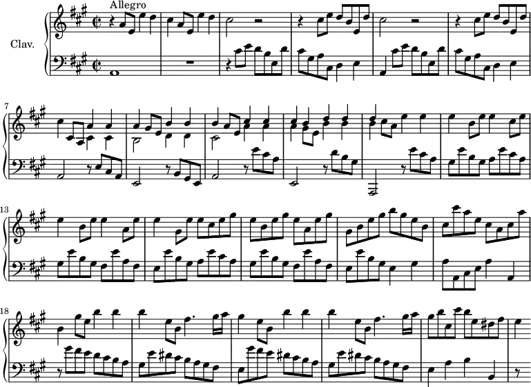 
\version "2.18.2"
\header {
  tagline = ##f
  % composer = "Domenico Scarlatti"
  % opus = "K. 456"
  % meter = "Allegro"
}
%% les petites notes
%trillBesp     = { \tag #'print { bes4.\prall } \tag #'midi { c32 bes c bes~ bes4 } }
upper = \relative c'' {
  \clef treble 
  \key a \major
  \time 2/2
  \tempo 2 = 82
  \set Staff.midiInstrument = #"harpsichord"
  \override TupletBracket.bracket-visibility = ##f
      s8*0^\markup{Allegro}
      r4 a8 e e'4 d | cis a8 e e'4 d | \repeat unfold 2 { cis2 r2 | r4 cis8 e d b e, d' } |
      % ms. 7
      cis4 cis,8 a << { a'4 a | a gis8 e b'4 b } \\ { cis,4 cis | b2 d4 d } >> | 
      % ms. 9
      << { b'4 a8 e cis'4 cis | cis b d d | d } \\ { cis,2 a'4 a | a gis8 e b'4 b | b } >> cis8 a e'4 e | e b8 e e4 cis8 e |
      % ms. 13
      e4 b8 e e4 a,8 e' | e4 gis,8 e' e cis e gis | e b e gis e a, e' gis | gis, b e gis b gis e b |
      % ms. 17
      cis8 cis' a e cis a cis a' | b,4 gis'8 e b'4 b | b e,8 b fis'4. gis16 a | gis4 e8 b b'4 b |
      % ms. 21
      b4 e,8 b fis'4. gis16 a | gis8 b cis, cis' b e, dis fis | e4
}
lower = \relative c' {
  \clef bass
  \key a \major
  \time 2/2
  \set Staff.midiInstrument = #"harpsichord"
  \override TupletBracket.bracket-visibility = ##f
    % ************************************** \appoggiatura a16  \repeat unfold 2 {  } \times 2/3 { }   \omit TupletNumber 
      a,1 | R1 | r4 cis'8 e d b e, d' | cis gis a cis, d4 e |
      % ms. 5
      a,4 cis'8 e d b e, d' | cis gis a cis, d4 e | a,2 r8 e'8 cis a | e2 r8 b'8 gis e |
      % ms. 9
      a2 r8 e''8 cis a | e,2 r8 d''8 b gis | a,,2 r8 e'''8 cis a | gis e' b gis a e' cis a |
      % ms. 13
      gis8 e' b gis fis e' a, fis | e e' b gis a e' cis a | gis e' b gis fis e' a, fis | e e' b gis e4 gis |
      % ms. 17
      a8 a, cis e a4 a, | r8 gis''8 fis e d cis b a | gis e' dis cis b a gis fis | e gis' fis e dis cis b a |
      % ms. 21
      gis8 e' dis cis b a gis fis | e4 a b b, | r8 s8
}
thePianoStaff = \new PianoStaff <<
    \set PianoStaff.instrumentName = #"Clav."
    \new Staff = "upper" \upper
    \new Staff = "lower" \lower
  >>
\score {
  \keepWithTag #'print \thePianoStaff
  \layout {
      #(layout-set-staff-size 17)
    \context {
      \Score
     \override SpacingSpanner.common-shortest-duration = #(ly:make-moment 1/2)
      \remove "Metronome_mark_engraver"
    }
  }
}
\score {
  \keepWithTag #'midi \thePianoStaff
  \midi { }
}
