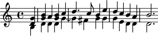 
\version "2.18.2"
\header {
  tagline = ##f
  % composer = "Johann Pachelbel"
  % opus = "Christus, der ist mein Leben, P.376"
  % meter = ""
}
\score {
<<
  \relative c' {
   %  \clef bass
    \key c \major
    \time 4/4
    \override TupletBracket #'bracket-visibility = ##f 
     %s8*0^\markup{Aria}
     \partial 4
     << { < d g >4 < g b > a < g b > c | d4. c8 b4 e | d c b a | b2. } \\ { b,4 d d d g~ | g fis g g | g e d d d2. } >>
  }
>>
  \layout {
     #(layout-set-staff-size 17)
     \context { \Score \remove "Metronome_mark_engraver" 
     \override SpacingSpanner.common-shortest-duration = #(ly:make-moment 1/2)
     }
  }
}
