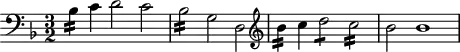 
\header {
  tagline = ##f
}
\score {
  \new Staff \with {
  }
<<
  \relative c' {
  \clef bass
  \key d \minor
  \time 3/2
  \tempo 2 = 78
  \set Staff.midiInstrument = #"harpsichord" 
    \override TupletBracket #'bracket-visibility = ##f 
    %\autoBeamOff
     %%%%%%%
     bes4:16 c d2 c | bes:16 g d |
  \clef treble 
    bes''4:16 c d2:8 c:16 bes2 bes1
  }
>>
  \layout {
     \context { \Score \remove "Metronome_mark_engraver" }
  }
  \midi {}
}
