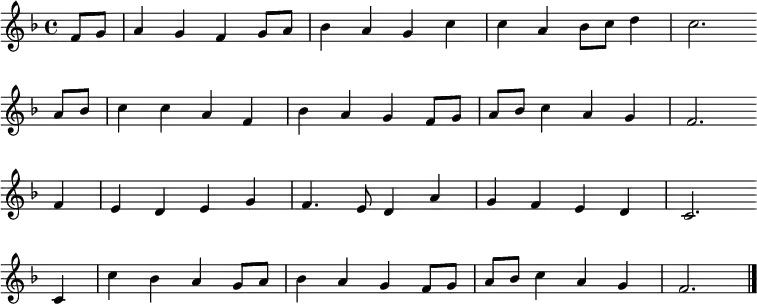 
\new Staff <<
\clef treble \key f \major {
   \time 4/4 \partial 4   
   \relative f' {
	f8 g | a4 g f g8 a | bes4 a g c | c a bes8 c d4 | c2. \bar"" \break
    a8 bes | c4 c a f | bes a g f8 g | a bes c4 a g | f2. \bar"" \break
    f4 | e d e g | f4. e8 d4 a' | g f e d | c2. \bar"" \break
    c4 | c' bes a g8 a | bes4 a g f8 g | a bes c4 a g | f2. \bar"|."
   }
  }
%\new Lyrics \lyricmode {
%}
>>
\layout { indent = #0 }
\midi { \tempo 4 = 86 }
