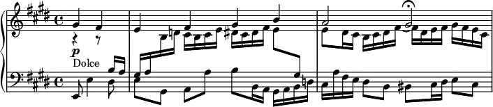 
\version "2.18.2"
\header {
  tagline = ##f
}
upper = \relative c'' {
  \clef treble 
  \key e \major
  \time 4/4
  \tempo 4 = 62
  %\autoBeamOff
   %%Brahms — Prélude de choral op. 122 n° 5 (pdf p. 28 : http://imslp.nl/imglnks/usimg/f/f2/IMSLP23166-PMLP10554-BraWV,_S._491.pdf)
   \partial 2
   << { gis4\p_\markup{Dolce} fis e fis gis b a2 gis2\fermata } \\ { r4 r8 \stemUp \change Staff = "lower" b,16 a gis a \change Staff = "upper" \stemDown b d! cis b cis e dis cis dis fis e8 \stemUp \change Staff = "lower" gis,8 \stemDown \change Staff = "upper" e'8 dis16 cis b cis dis fis~ fis dis e fis gis fis e cis } >>   
}
lower = \relative c {
  \clef bass
  \key e \major
  \time 4/4
   e,8 e'4 dis8 | \stemDown e8[ gis,] a[  a'] b b,16 a gis a b d! cis a' fis e dis8 b bis cis16 dis e8 cis
}
  \header {
    piece = ""
  }
\score {
  \new PianoStaff <<
    \new Staff = "upper" \upper
    \new Staff = "lower" \lower
  >>
  \layout {
    \context {
      \Score
      \remove "Metronome_mark_engraver"
    }
  }
  \midi { }
}
