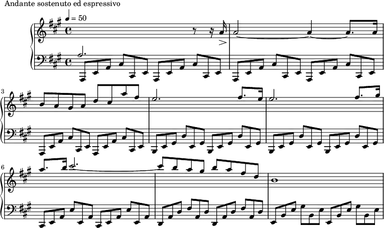 
\version "2.18.2"
\header {
  tagline = ##f
}
upper = \relative c'' {
  \clef treble 
  \key a \major
  \time 4/4
  \tempo 4 = 50
  %\autoBeamOff
   %%Montgeroult — Étude 110 (pdf p. 192)
   \stemUp \change Staff = "lower" a,2. \change Staff = "upper" r8 r16 a'16\> a2~\! a4~ a8. a16 b8 a gis a d cis a' fis e2. fis8. e16 e2. fis8. gis16 a8. b16 cis2.~ cis8 b a gis b a fis d b1
}
lower = \relative c {
  \clef bass
  \key a \major
  \time 4/4
   \omit TupletNumber \repeat unfold 6 { \times 2/3 { a,8 e' a } \times 2/3 { cis cis, e }  } 
   \repeat unfold 4 { \times 2/3 { b e gis } \times 2/3 { d' e, gis } }
   \repeat unfold 2 { \times 2/3 { cis, e a } \times 2/3 { e' e, a } }
   \repeat unfold 2 { \times 2/3 { d, a' d } \times 2/3 { fis a, d } }
   \repeat unfold 2 { \times 2/3 { e, b' e } \times 2/3 { gis b, e } }
}
  \header {
    piece = "Andante sostenuto ed espressivo"
  }
\score {
  \new PianoStaff <<
    \new Staff = "upper" \upper
    \new Staff = "lower" \lower
  >>
  \layout {
    \context {
      \Score
    }
  }
  \midi { }
}
