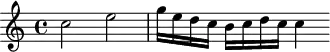 
\header {
  tagline = ##f
}
\score {
  \new Staff \with {
  }
<<
  \relative c'' {
    \key c \major
    \time 4/4
    \override TupletBracket #'bracket-visibility = ##f 
    \autoBeamOff
     %%%%%%%%%%%%%%%%%%%%%%%%%% K5a
     c2 e g16[ e d c] b[ c d c] c4
  }
>>
  \layout {
    \context {
      \remove "Metronome_mark_engraver"
    }
  }
  \midi {}
}
