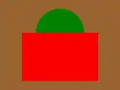 Un rectangle rouge surmonté d'un demi-cercle vert sur fond brun
