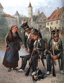 Cantonnement en ville de l'armée polonaise pendant les guerres napoléoniennes, toile de Jan Chełmiński (1851-1925).