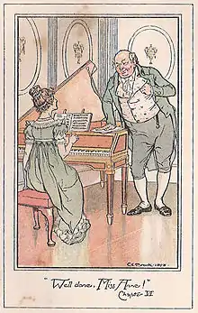 illustration-couleur. Mr Musgrove, appuyé sur le piano, se penche vers Anne assise, prête à jouer