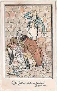 Louisa, évanouie, est soutenue par son frère. Frederick s'appuie au mur, une main sur le front