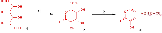 Conversion de l'acide mucique (1) en 3-hydroxy-2-pyrone (3) sous l'action d'hydrogénosulfate de potassium à 160 °C pendant quatre heures (a) puis d'acide chlorhydrique jusqu'à pH = 7 (b).