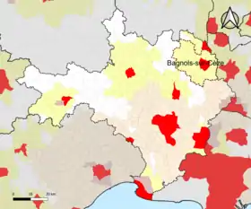 Localisation de l'aire d'attraction de Bagnols-sur-Cèze dans le département du Gard.