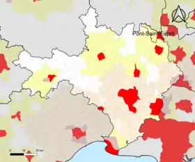 Localisation de l'aire d'attraction de Pont-Saint-Esprit dans le département du Gard.