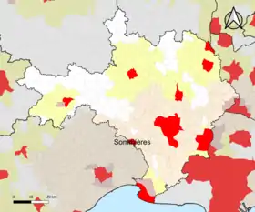 Localisation de l'aire d'attraction de Sommières dans le département du Gard.