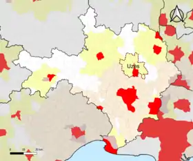 Localisation de l'aire d'attraction d'Uzès dans le département du Gard.