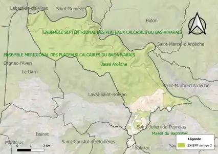 Carte des ZNIEFF de type 2 sur la commune.