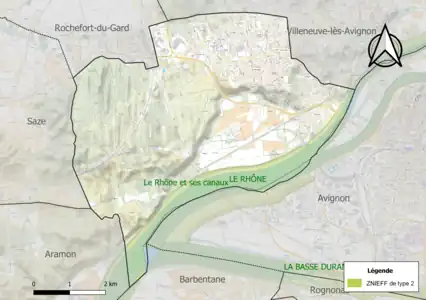 Carte des ZNIEFF de type 2 sur la commune.