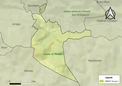 Carte des ZNIEFF de type 2 sur la commune.