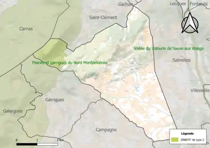 Carte de la ZNIEFF de type 2 sur la commune.