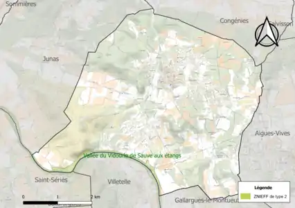 Carte de la ZNIEFF de type 2 sur la commune.