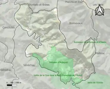 Carte des ZNIEFF de type 1 sur la commune.