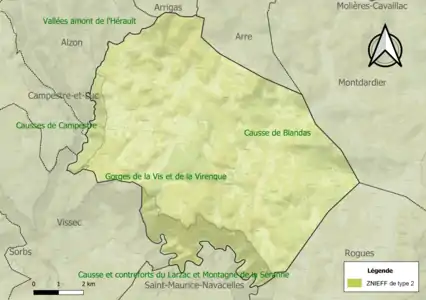 Carte des ZNIEFF de type 2 sur la commune.