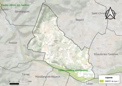 Carte de la ZNIEFF de type 2 sur la commune.