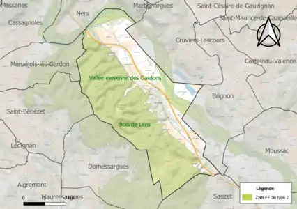 Carte des ZNIEFF de type 2 sur la commune.