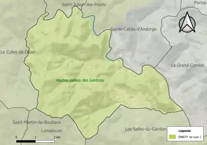 Carte de la ZNIEFF de type 2 sur la commune.