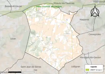 Carte de la ZNIEFF de type 2 sur la commune.